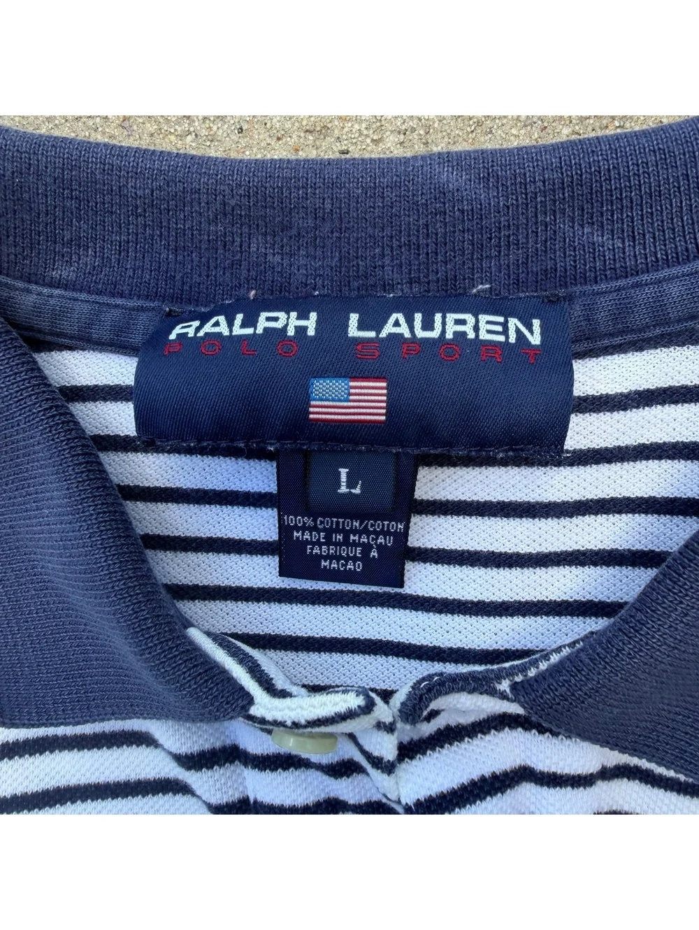 Ralph Lauren Polo Sport Mens Large Striped Cotton Polo Shirt Navy White